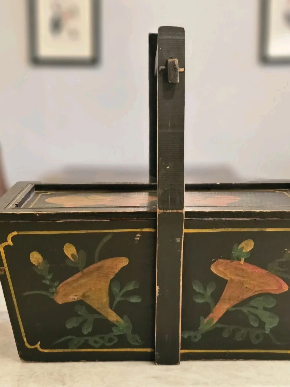 Antique Chinese Wooden Wedding Box/ Rice Basket Hand Painted 19th Cent.